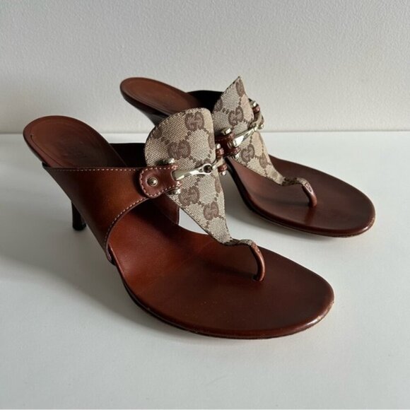 Gucci Horsebit Brown Leather and GG Canvas Slide Sandals Size 8.5B - Picture 2 of 10